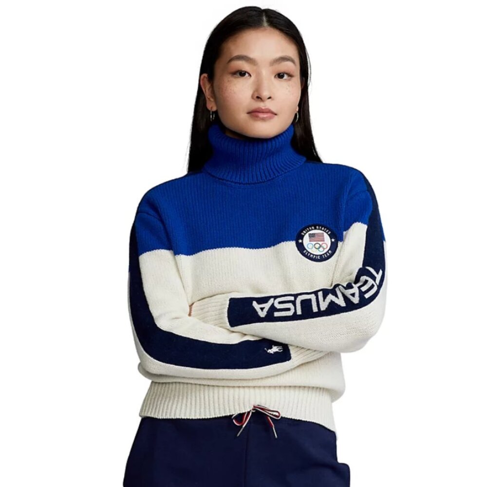 Polo Ralph Lauren Women's Blue Ivory Wool Turtleneck Olympic Sweater M Team USA
